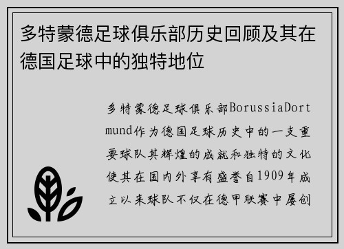 多特蒙德足球俱乐部历史回顾及其在德国足球中的独特地位