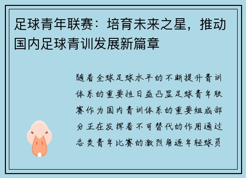 足球青年联赛：培育未来之星，推动国内足球青训发展新篇章