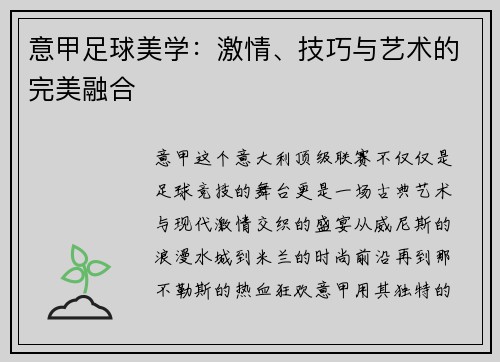 意甲足球美学：激情、技巧与艺术的完美融合