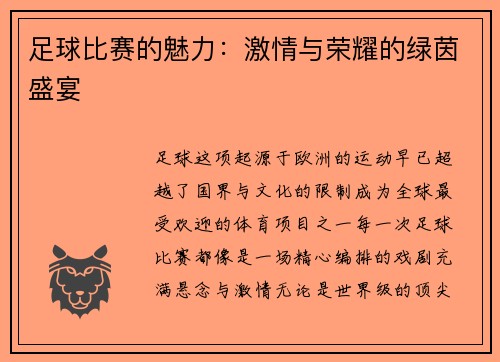 足球比赛的魅力：激情与荣耀的绿茵盛宴