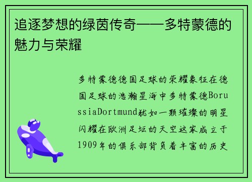 追逐梦想的绿茵传奇——多特蒙德的魅力与荣耀